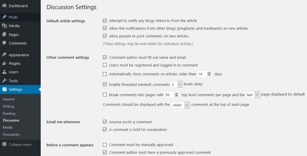 Discussion Settings of Web Fixer Pro